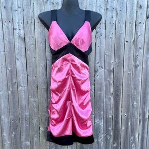 Women’s sexy satin silky feel ruched pink and black crisscrossed back dress